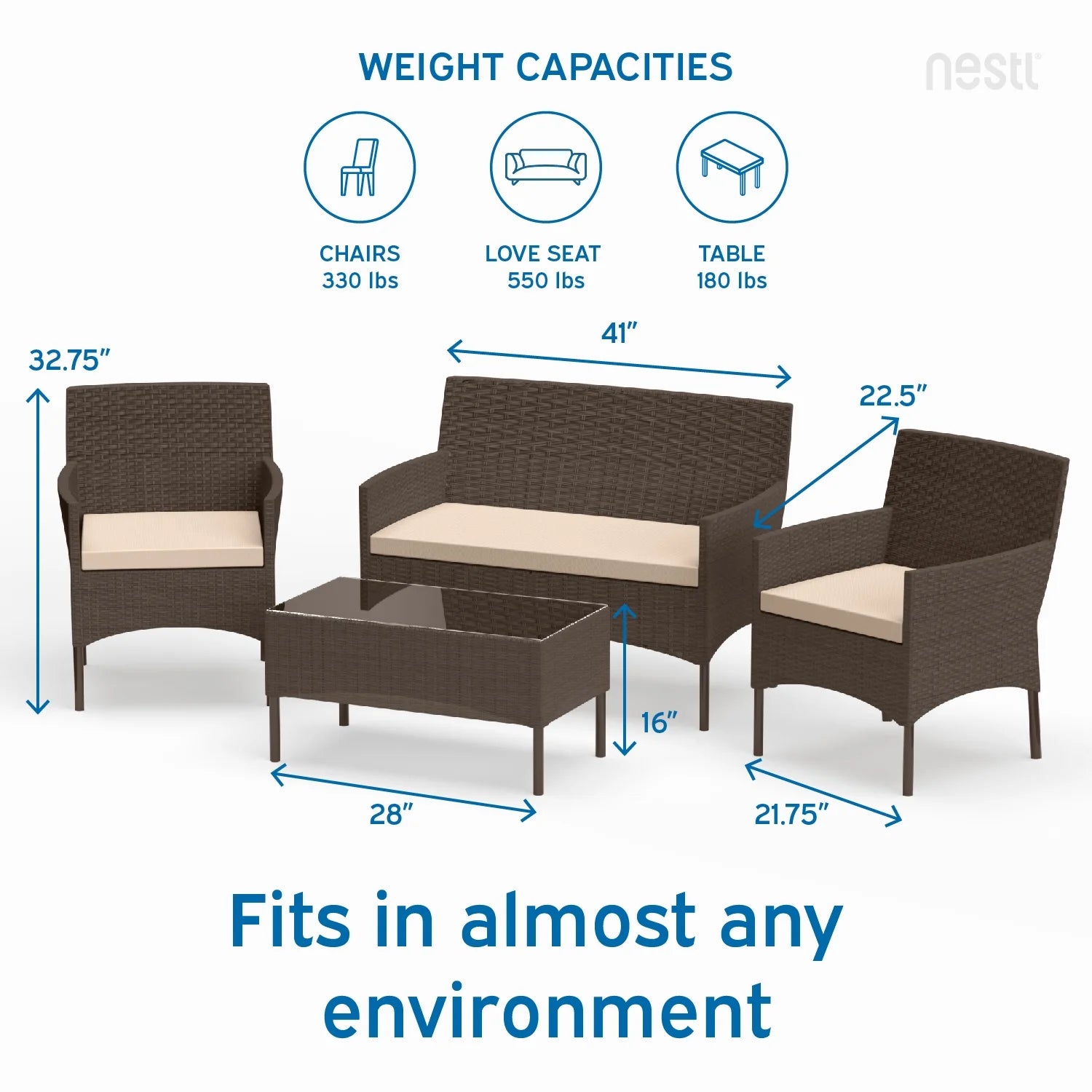 Nestl 4-Piece Outdoor Patio Furniture Set, Wicker Patio Conversation Set, Black/Beige