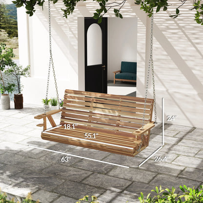 Outsunny Wooden Porch Swing 3-Seater, 5 FT Outdoor Patio Swing Bench with Cupholders, Nature Wood