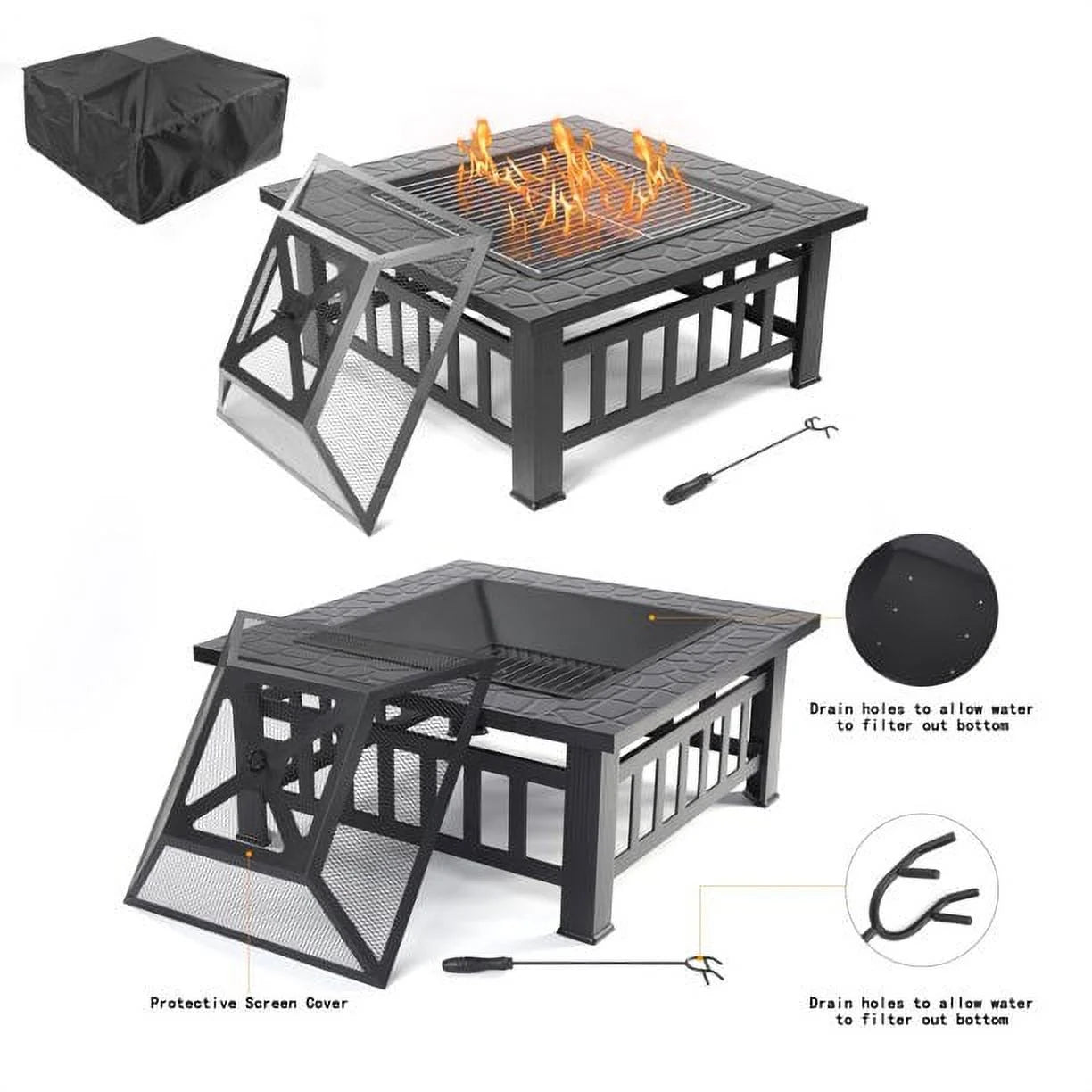 Fire Pits for Outside, DFITO 32" Wood Burning Fire Pit Tables with Screen Lid, Poker, Outdoor Fire Pit Patio Set, Patio Garden Stove Fire Pit/Ice Pit/BBQ Fire Pit, Black, GJ131