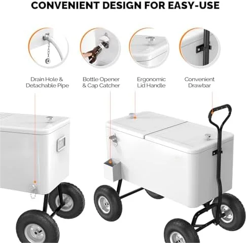 80 Quart Wagon Rolling Cooler Ice Chest,/Long Handle and 10" Wheels, Portable Beach Patio Party Bar Cold Drink Beverage, Outdoor Park Cart on Wheels