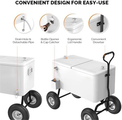 80 Quart Wagon Rolling Cooler Ice Chest,/Long Handle and 10" Wheels, Portable Beach Patio Party Bar Cold Drink Beverage, Outdoor Park Cart on Wheels