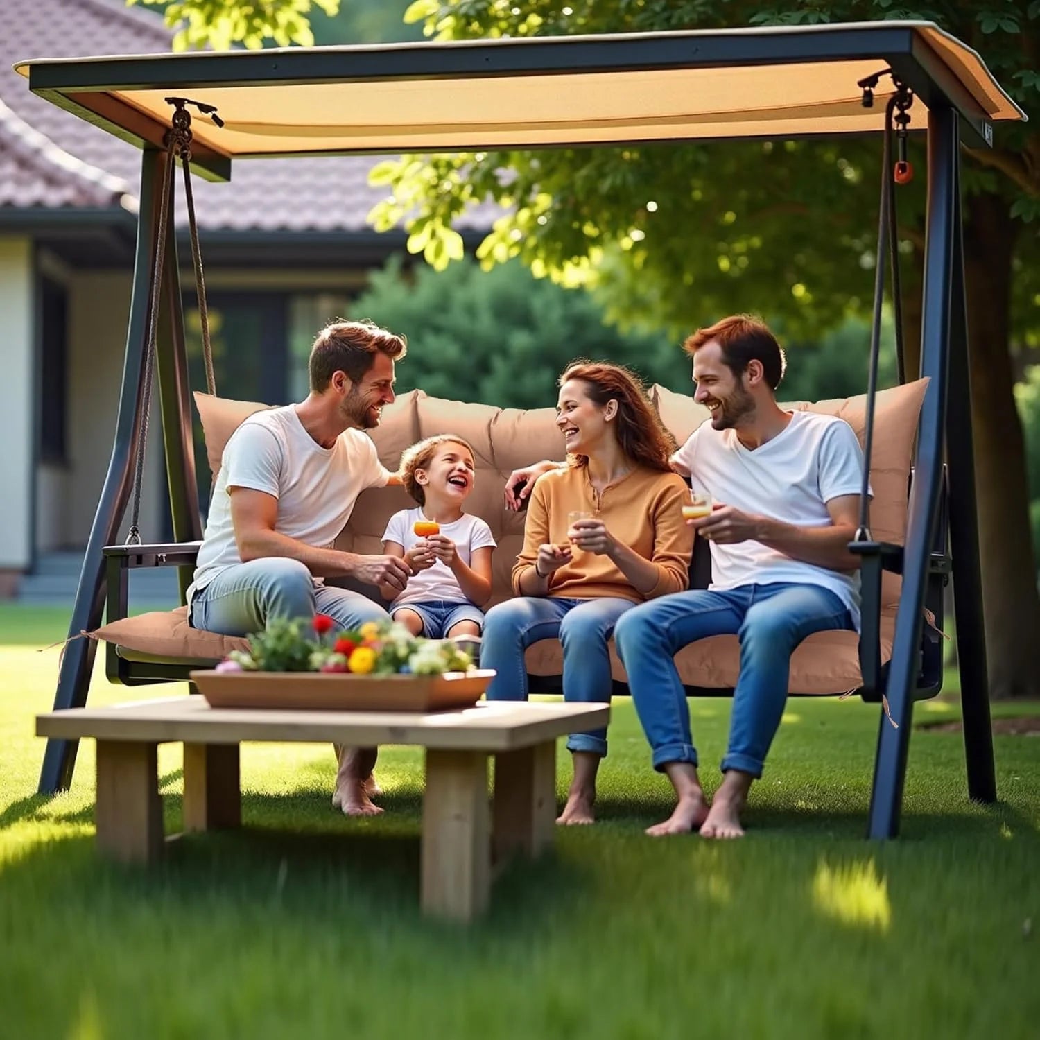 NACATIN 3 Seat Cushion for Outdoor Swing - 60x40 inches, 4" Thick Porch Swing Cushions with Ties and Storage Bag, Waterproof Bench Replacement Cushions for Patio, Outdoor, Backyard and Garden (Khaki)