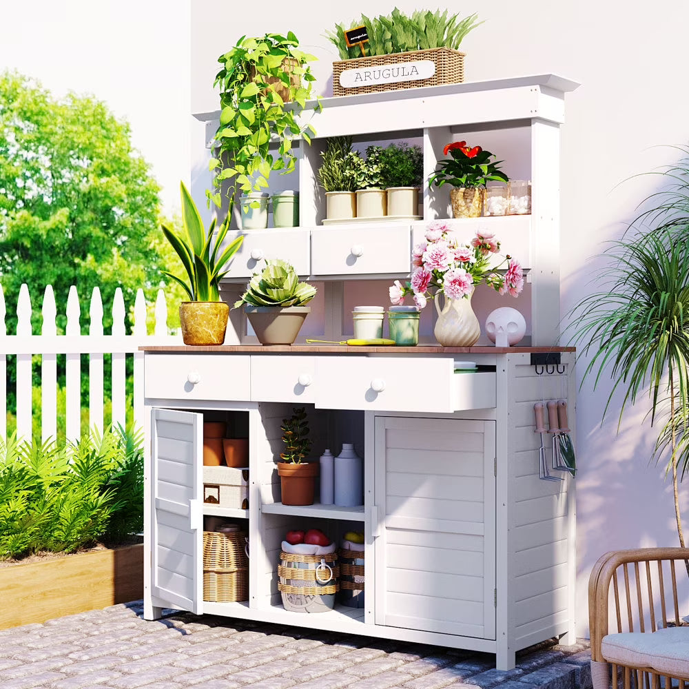 Rustic 65.7'' Tall Garden Potting Bench Table with Hutch, 3 Shelves, 6 Drawers, 2 Cabinets & 3 Side Hooks for Mudroom, Patio, 3 Color