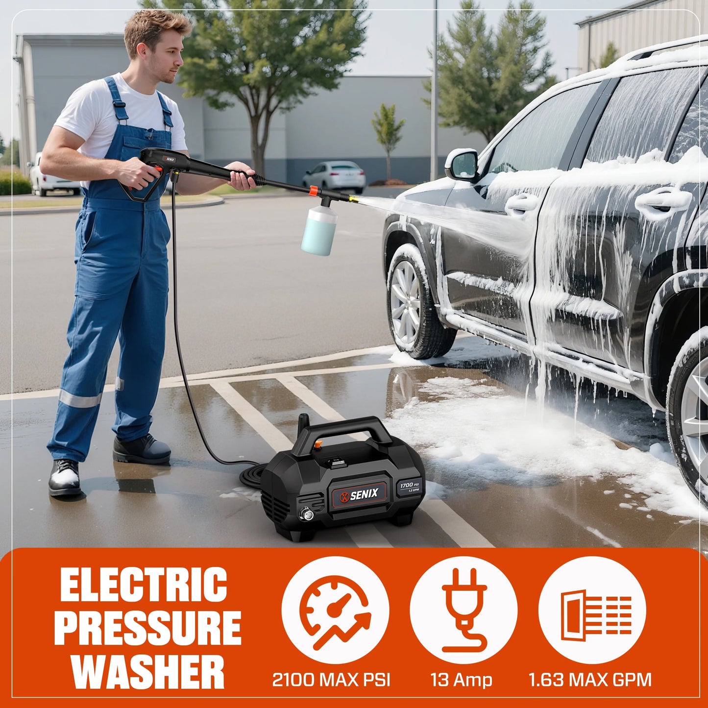 SENIX 2100 PSI Electric Pressure Washer with Foam Cannon, Brushless Motor,Lightweight & Portable, for Car House Patio Driveway Deck Fence, Outdoor Cleaning Power Washer