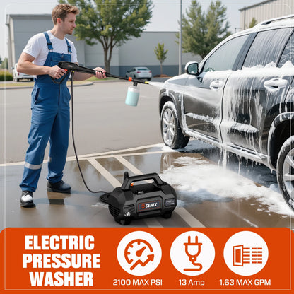 SENIX 2100 PSI Electric Pressure Washer with Foam Cannon, Brushless Motor,Lightweight & Portable, for Car House Patio Driveway Deck Fence, Outdoor Cleaning Power Washer