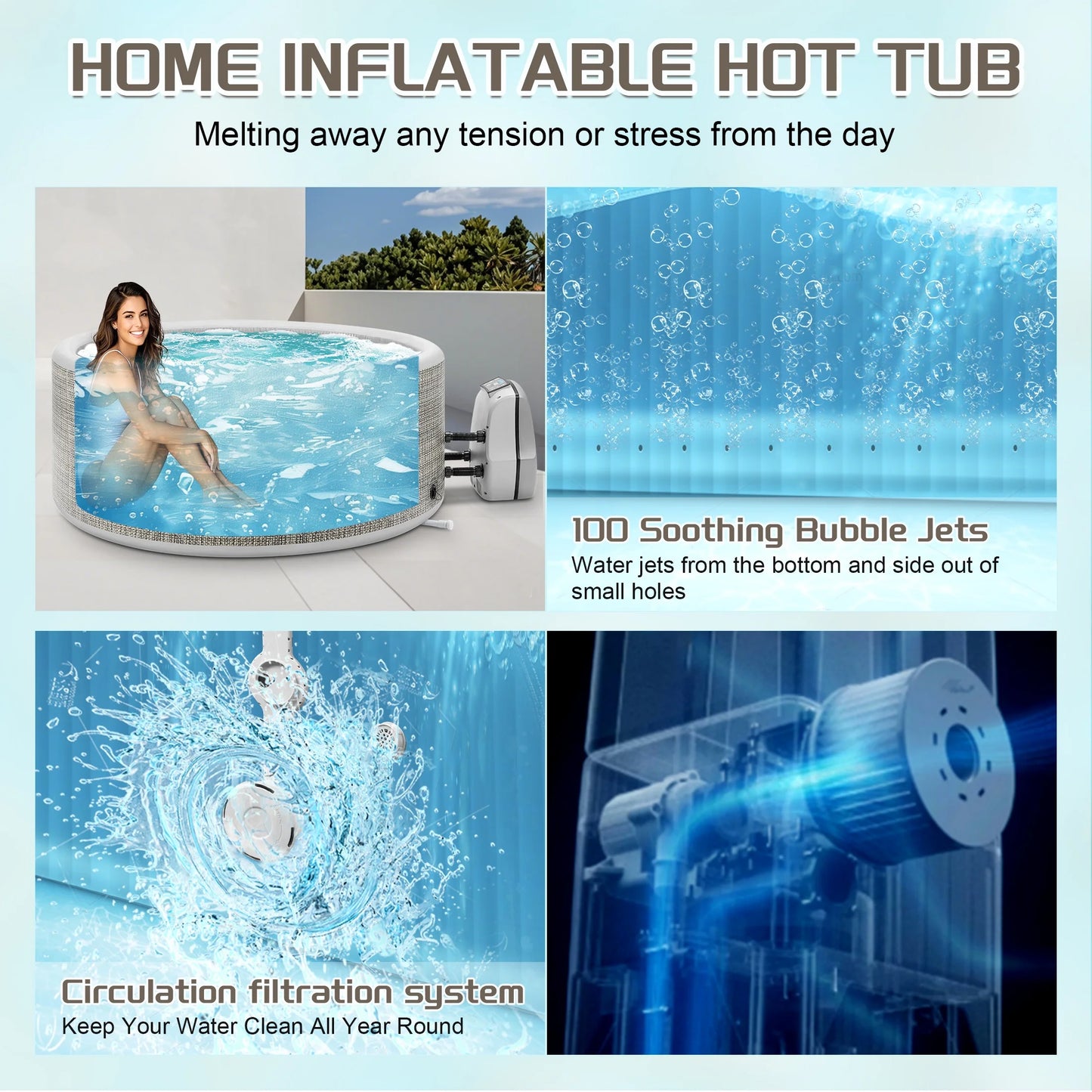 Segmart Inflatable Hot Tub, 3 to 5 Person Outdoor Hot Tub Spa, Portable Round Hot Tub w/100 Jets, Heater Pump, Tub Cover, Ground Cloth, 211Gal Capacity, Fits for Backyard, Patio