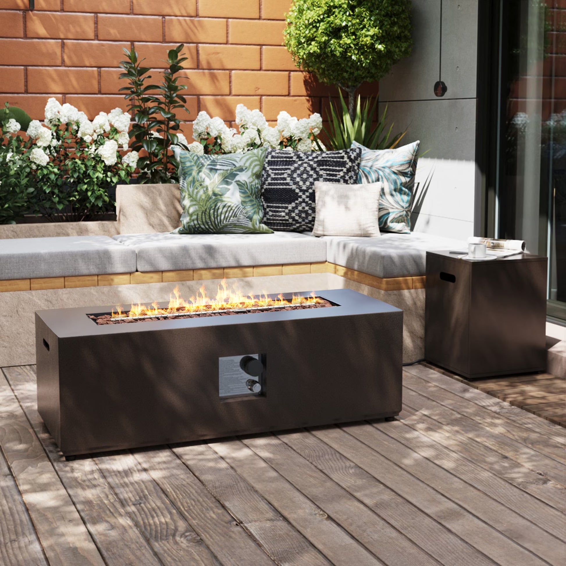 UPHA 56-inch Outdoor Propane Rectangle Fire Pit Table 50000 BTU Iron Gas FirePit for Outside Patio with Tank Cover, Removable Lid, Lava Rocks, Rain Cover, Grey