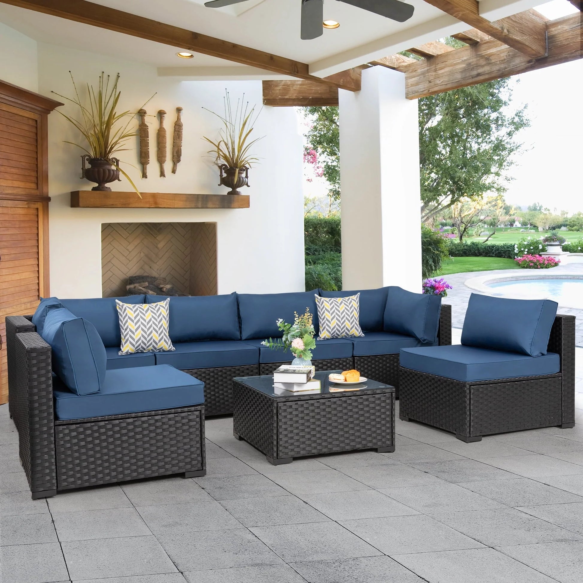 Walsunny 7 Pieces Outdoor Sectional Sofa Furniture Sets, All-Weather Black Wicker Patio Furniture Sets with Tea Table and Washable Couch Cushions Aegean Blue