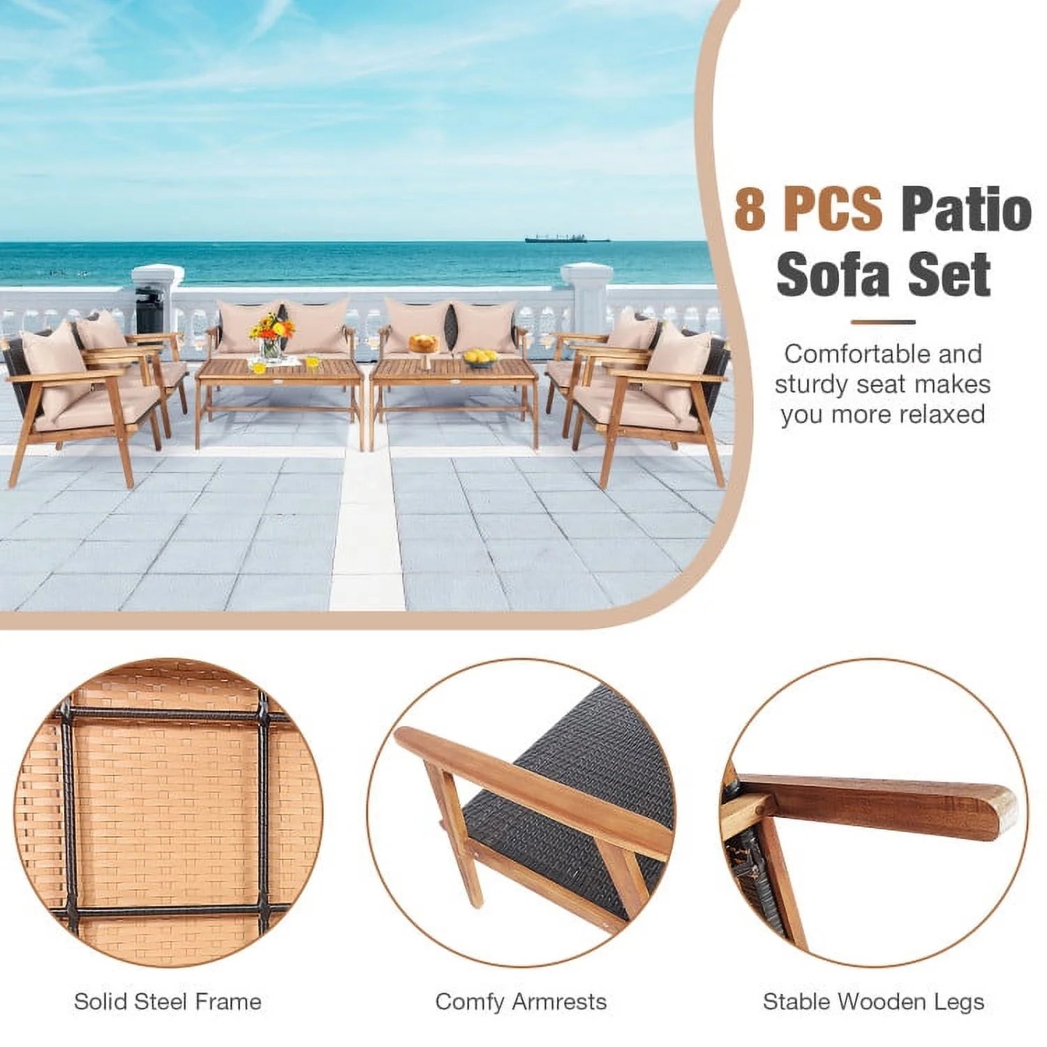 Barara King Outdoor Collection Set, Patio Conversation Table Chair Set, 4 Piece Acacia Wood Patio Rattan Furniture Set-Brown