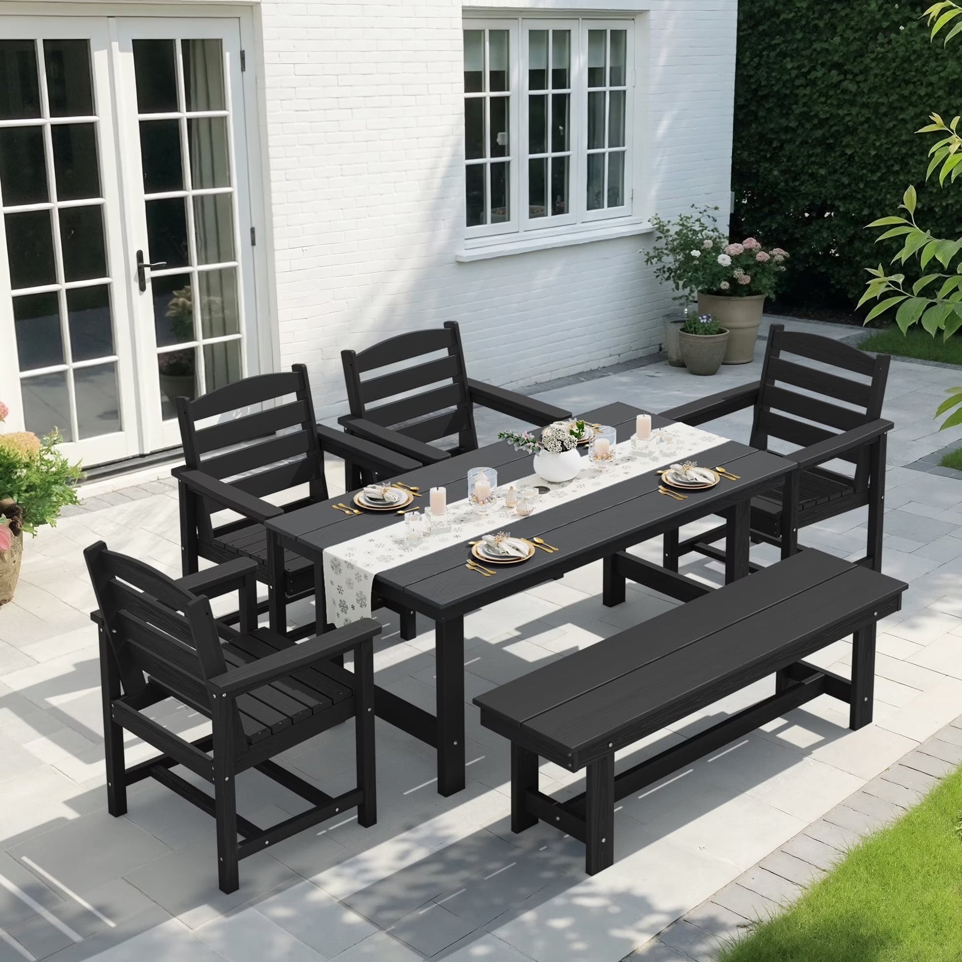 KINGYES 7-Piece Outdoor Dining Set, HDPE Patio Table and Chairs with Umbrella Hole, Gray