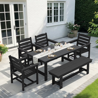 KINGYES 7-Piece Outdoor Dining Set, HDPE Patio Table and Chairs with Umbrella Hole, Gray