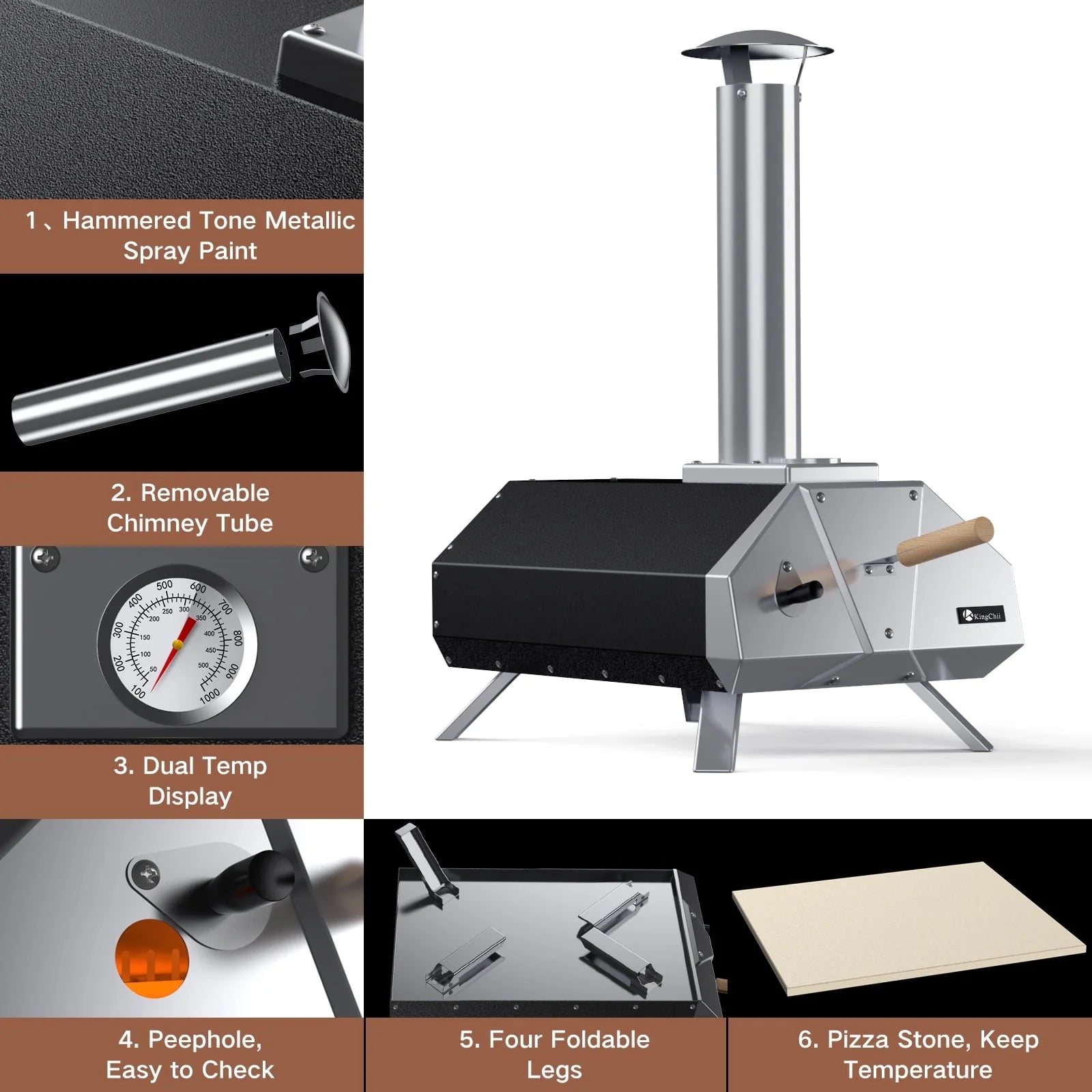 KingChii Multi-Fuel Pizza Oven with Gas Burner, Portable 13" Wood Fired and Gas Powered Pizza Maker with Foldable Legs for Outdoor Patio Garden