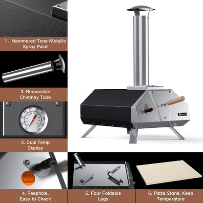KingChii Multi-Fuel Pizza Oven with Gas Burner, Portable 13" Wood Fired and Gas Powered Pizza Maker with Foldable Legs for Outdoor Patio Garden