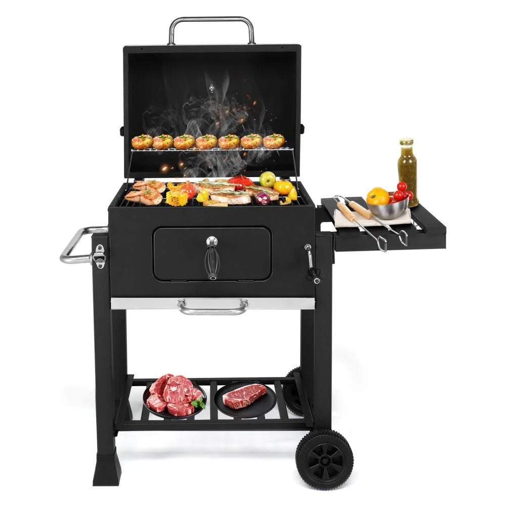 IVV Outdoor Charcoal Grill with Foldable Side Table, Moveable BBQ Grill w/Built-in Thermometer, Removeable Ash Rray Perfect for Picnics Patio Garden and Backyard Grilling, Black