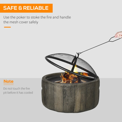 Outsunny Outdoor Fire Pit, 18 Inch Metal Wood Burning Fireplace with Spark Cover, Poker, Woodgrain Design for Patio, Picnic, Backyard, Dark Brown
