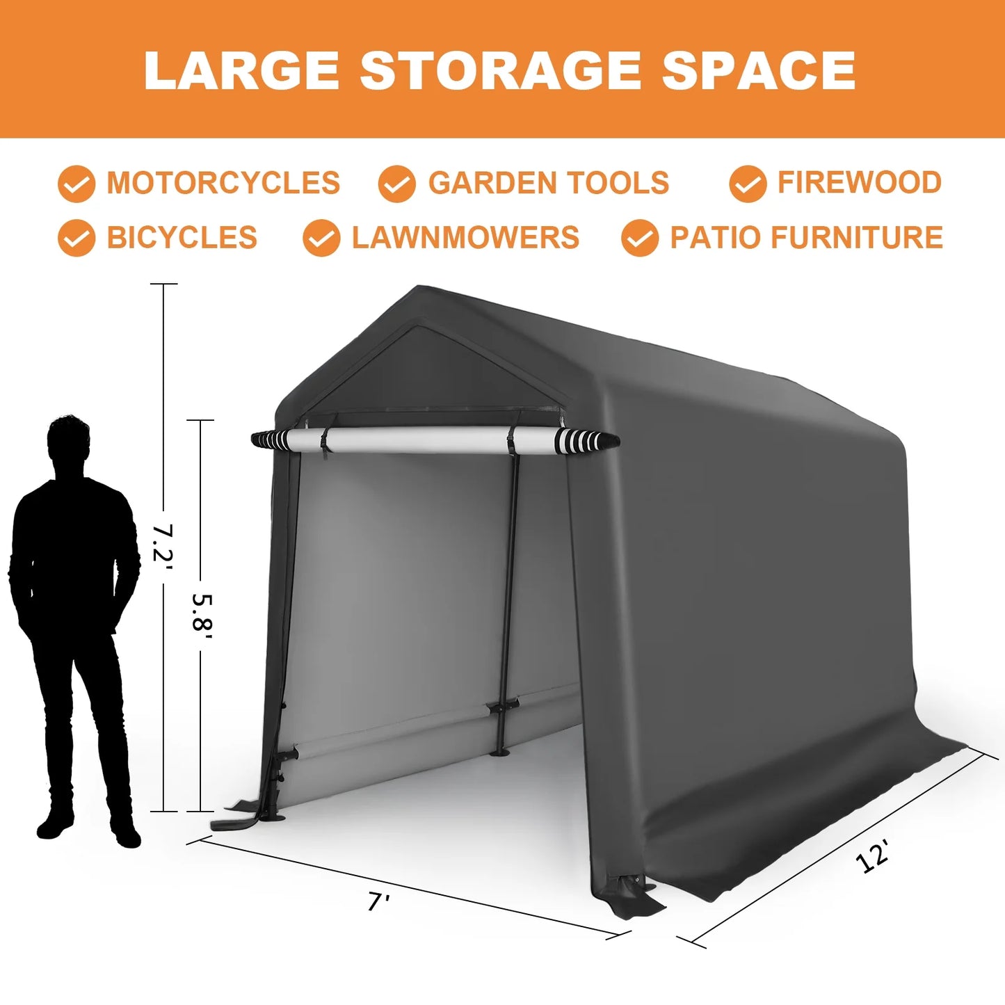 Abba Patio 7'x 12' Heavy Duty Portable Outdoor Storage Shelter Canopy, Waterproof Carport, All-Season Use, Grey