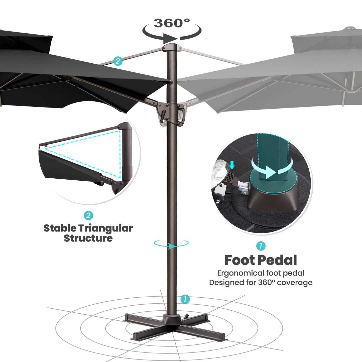 Pellebant 11 ft. x 9 ft. Rectangular Double Top Patio Cantilever Umbrella, Black