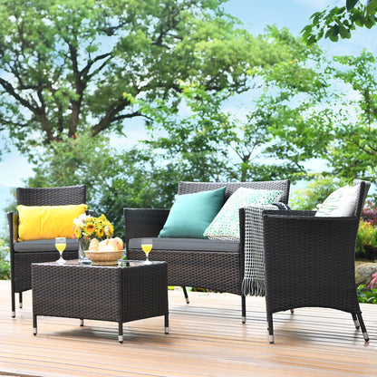 Gymax 4PCS Patio Rattan Outdoor Furniture Set w/Cushioned Chair Loveseat Table