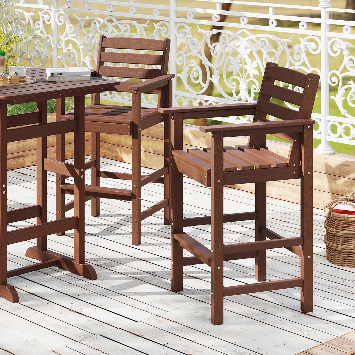 Gymax Patio Bar Stools Set of 4 Tall Adirondack Chair w/Backrest Armrests & Footrests Brown