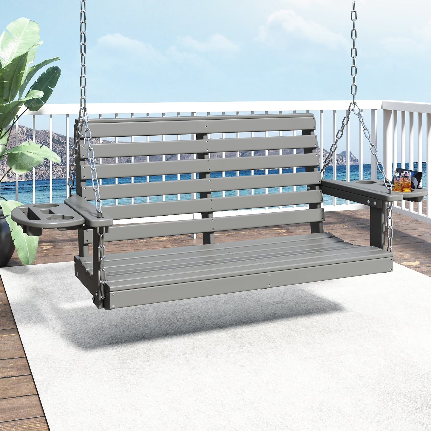 FOOWIN Outdoor Porch Swing, HDPE Patio Hanging Porch Swing with Cup Holder, Black