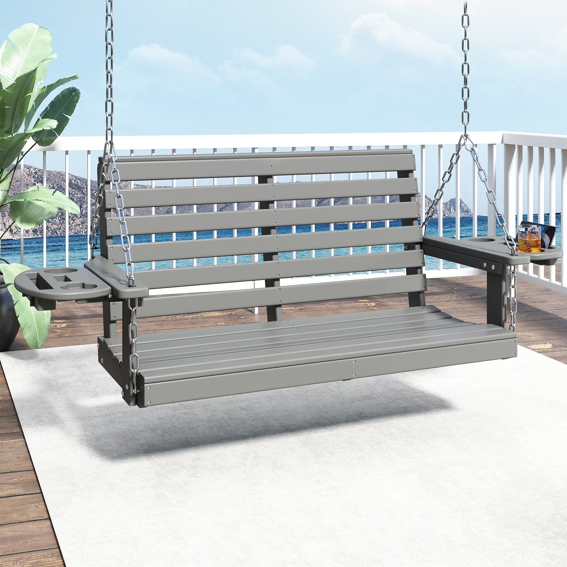 FOOWIN Outdoor Porch Swing, HDPE Patio Hanging Porch Swing with Cup Holder, Black