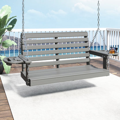 FOOWIN Outdoor Porch Swing, HDPE Patio Hanging Porch Swing with Cup Holder, Black