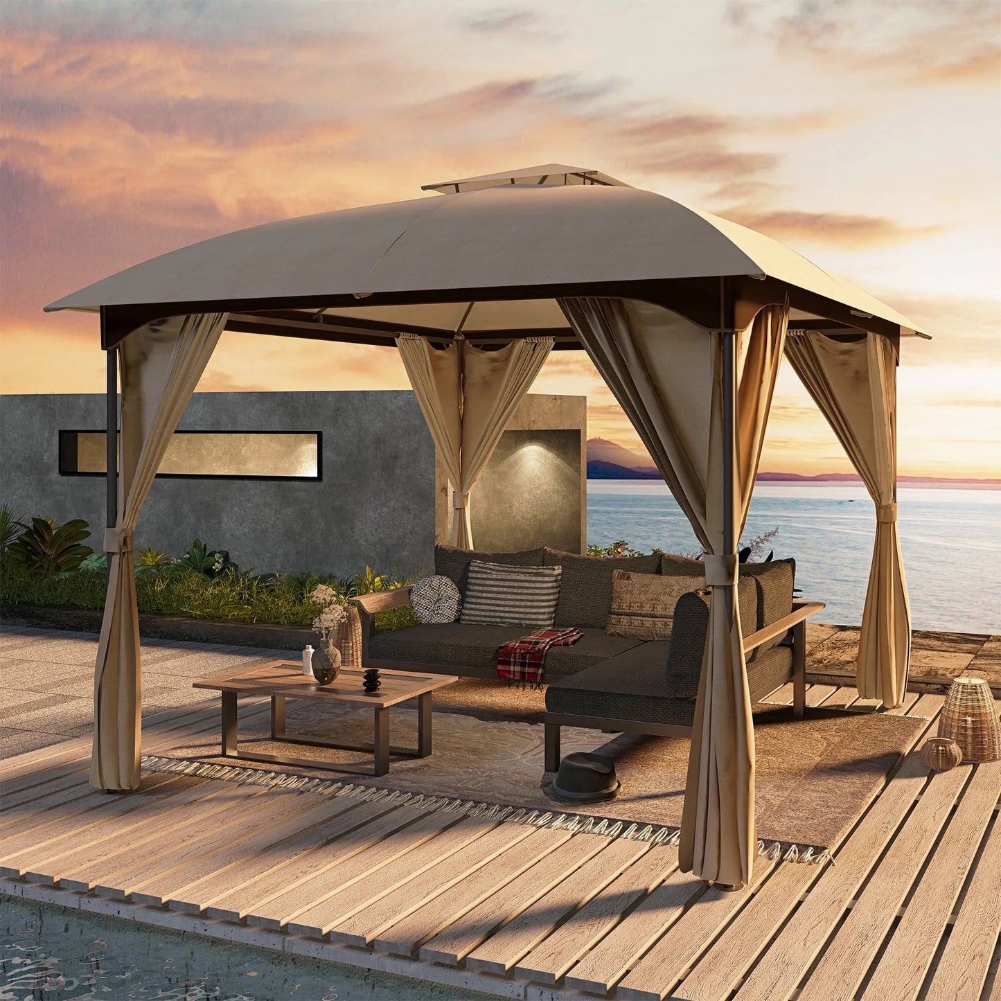 LAUSAINT HOME 10'x10' Patio Gazebo with Privacy Screens & Anchoring Kit, Outdoor Double Roof Metal Frame Gazebo in Khaki