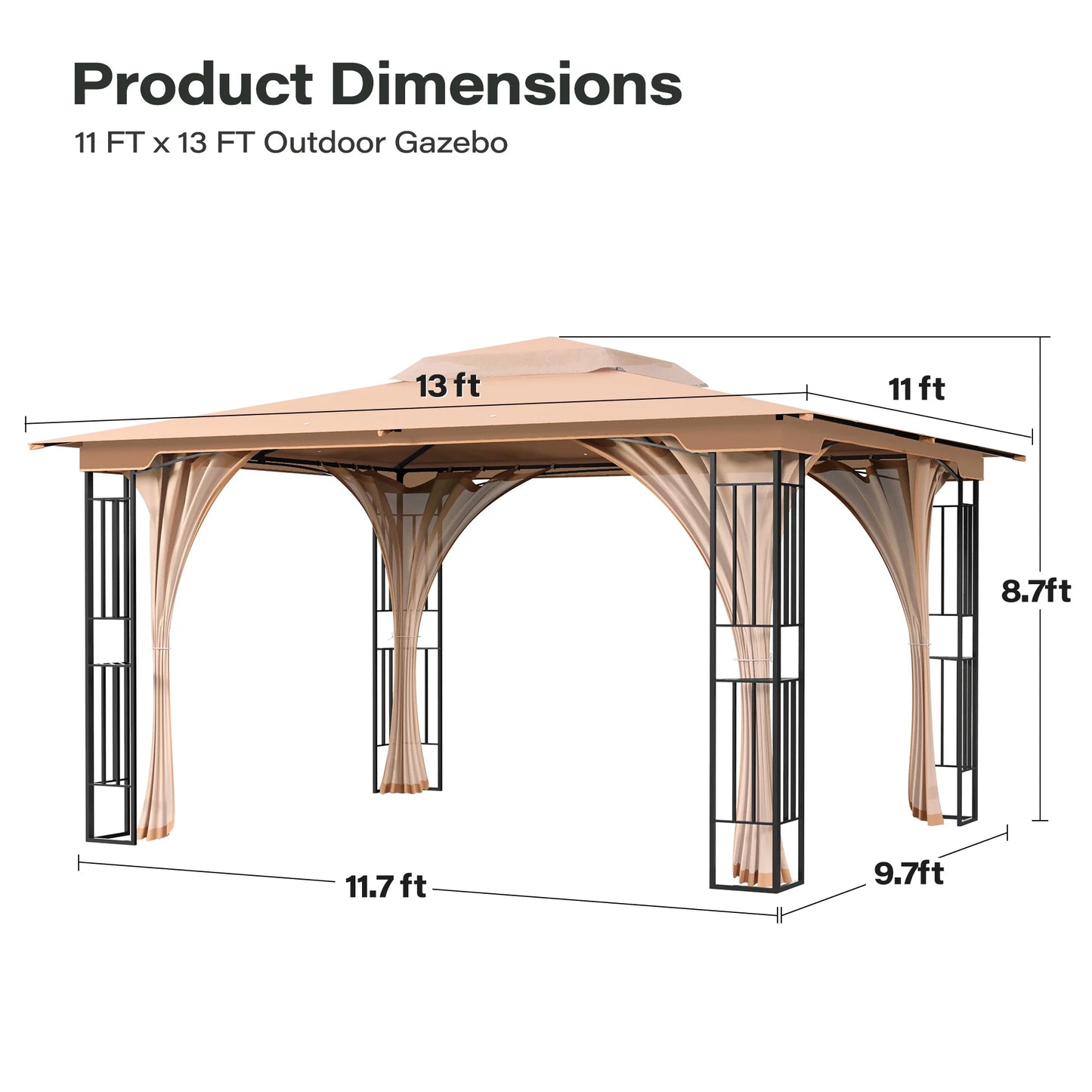 LAUSAINT HOME Patio Gazebo 13'x11',Heavy Duty Gazebos Shelter Party Tent with Double Roofs, Mosquito Nettings for Backyard, Garden, Lawn,(Khaki)