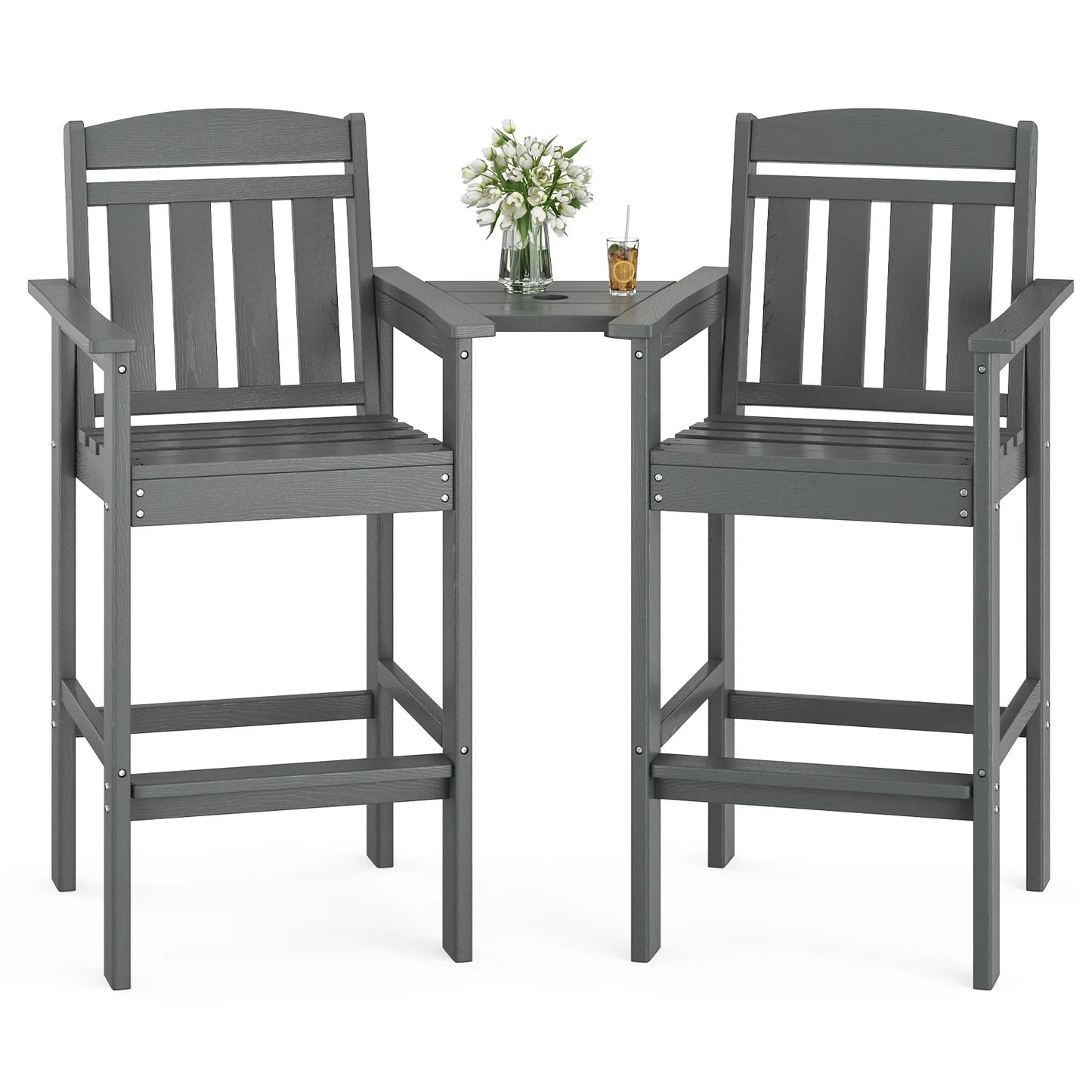STARY Tall Adirondack Chairs Set of 2, HDPE Adirondack Bar Stools with Connecting Tray, Bar Height Adirondack Chair Patio Barstool, Ideal All Weather Tall Patio Chair for Balcony, Poolside, Backyard