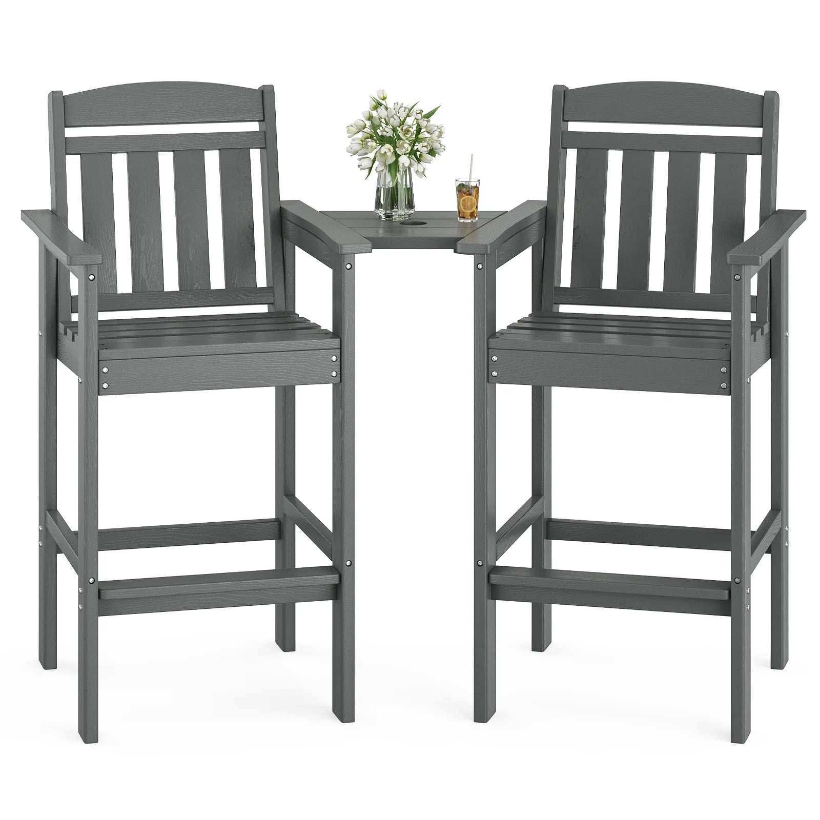 STARY Tall Adirondack Chairs Set of 2, HDPE Adirondack Bar Stools with Connecting Tray, Bar Height Adirondack Chair Patio Barstool, Ideal All Weather Tall Patio Chair for Balcony, Poolside, Backyard
