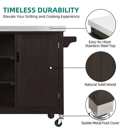 Dextrus XL Solid Wood Outdoor Storage Cabinet - Versatile Movable Outdoor Grill Cart with Stainless Steel Top, Spice Rack, and Side Handle, BBQ Patio Table, Outdoor Small Kitchen Table