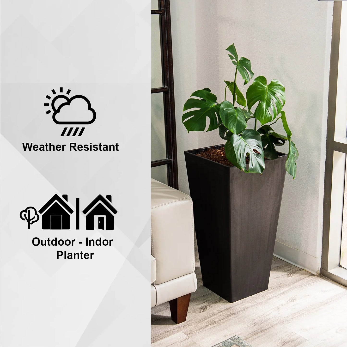 XBrand Modern 30-Inch Tall Square Planter, Modern Tapered Planter Perfect for Indoor & Outdoor Planter, Patio Décor, Black