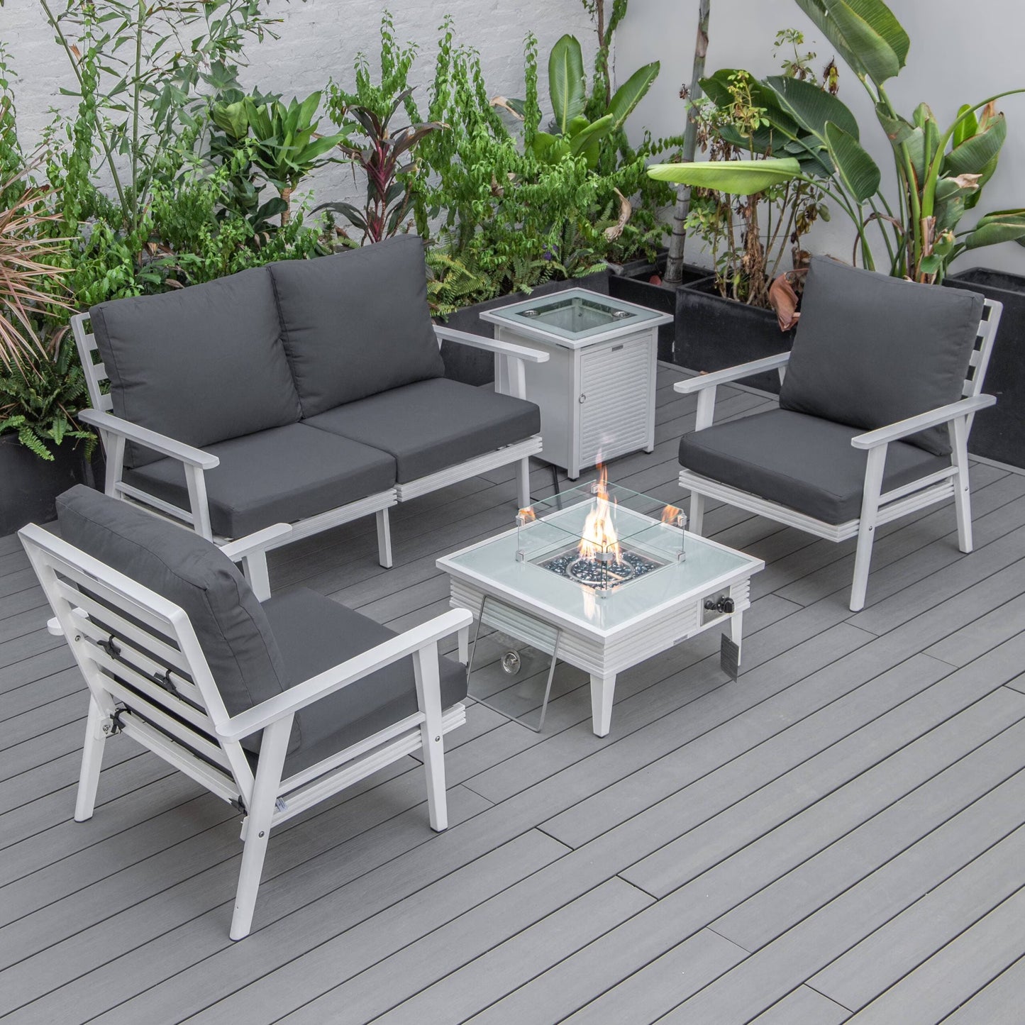 LeisureMod Walbrooke Modern Aluminum 5-Piece Patio Conversation Set with Outdoor Square Fire Pit Slats Design & Side Table Tank Holder, Charcoal
