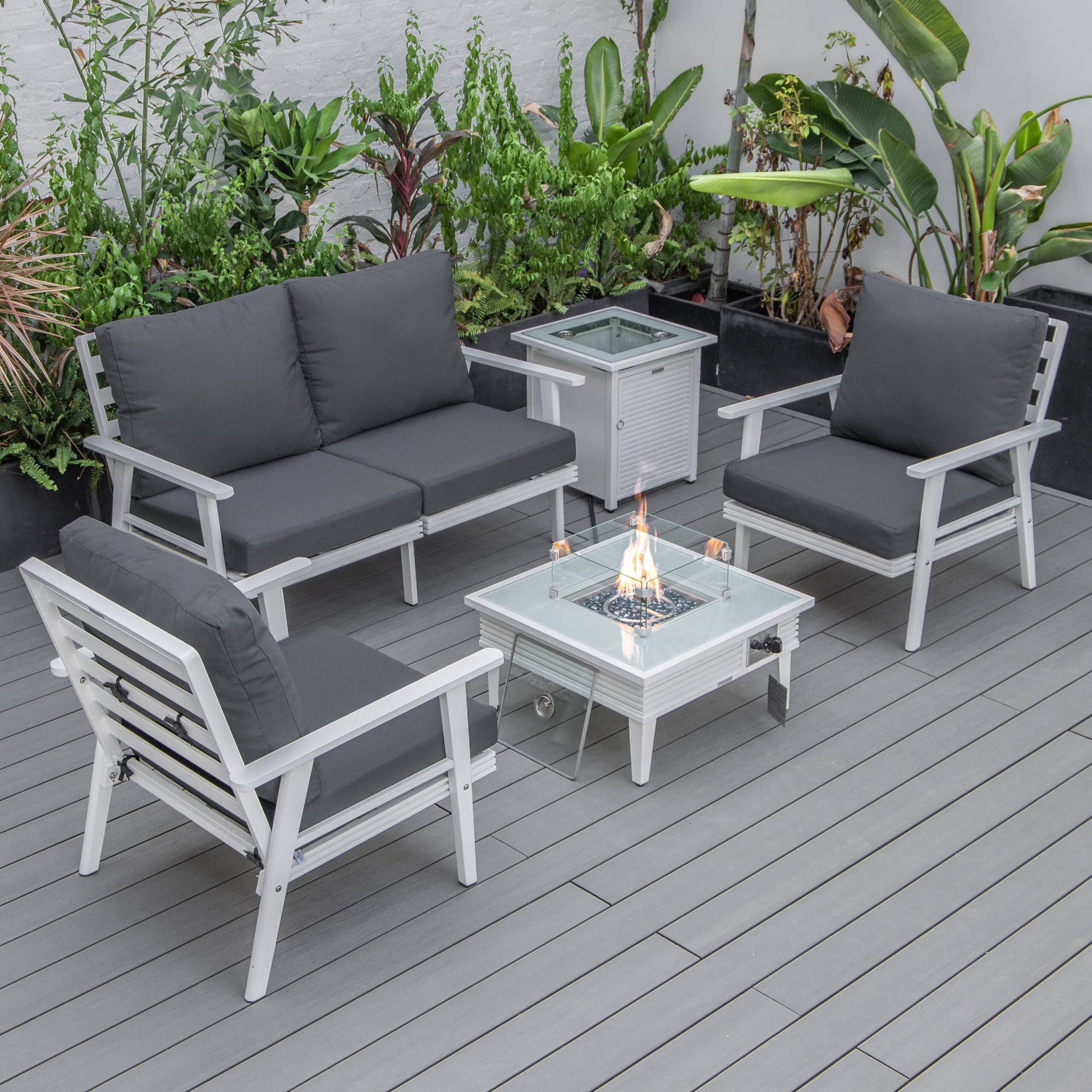 LeisureMod Walbrooke Modern Aluminum 5-Piece Patio Conversation Set with Outdoor Square Fire Pit Table with Slats Design & Side Table Tank Holder (Green)