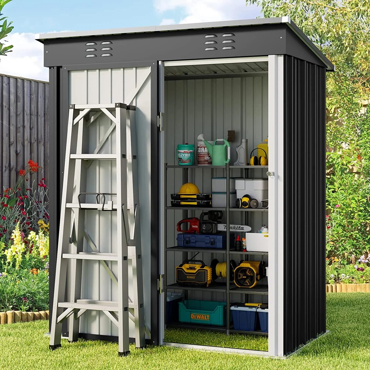 Aiho 5'x 3' Metal Outdoor Storage Shed with Lockable Door for Garden Backyard Patio - Gray