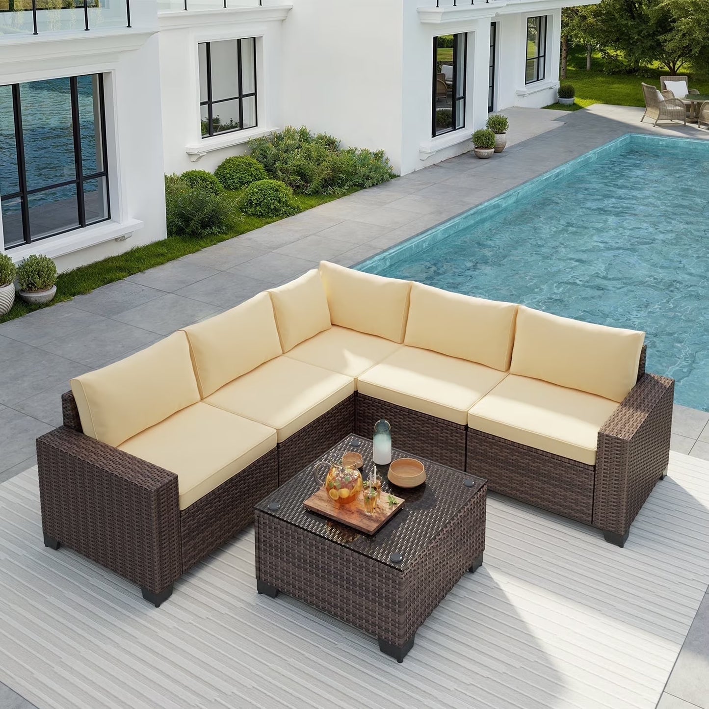 Aiho 7-Piece Rattan Patio Furniture Set , Outdoor Sectional Furniture Set for Patio, Garden, Backyard, Grey