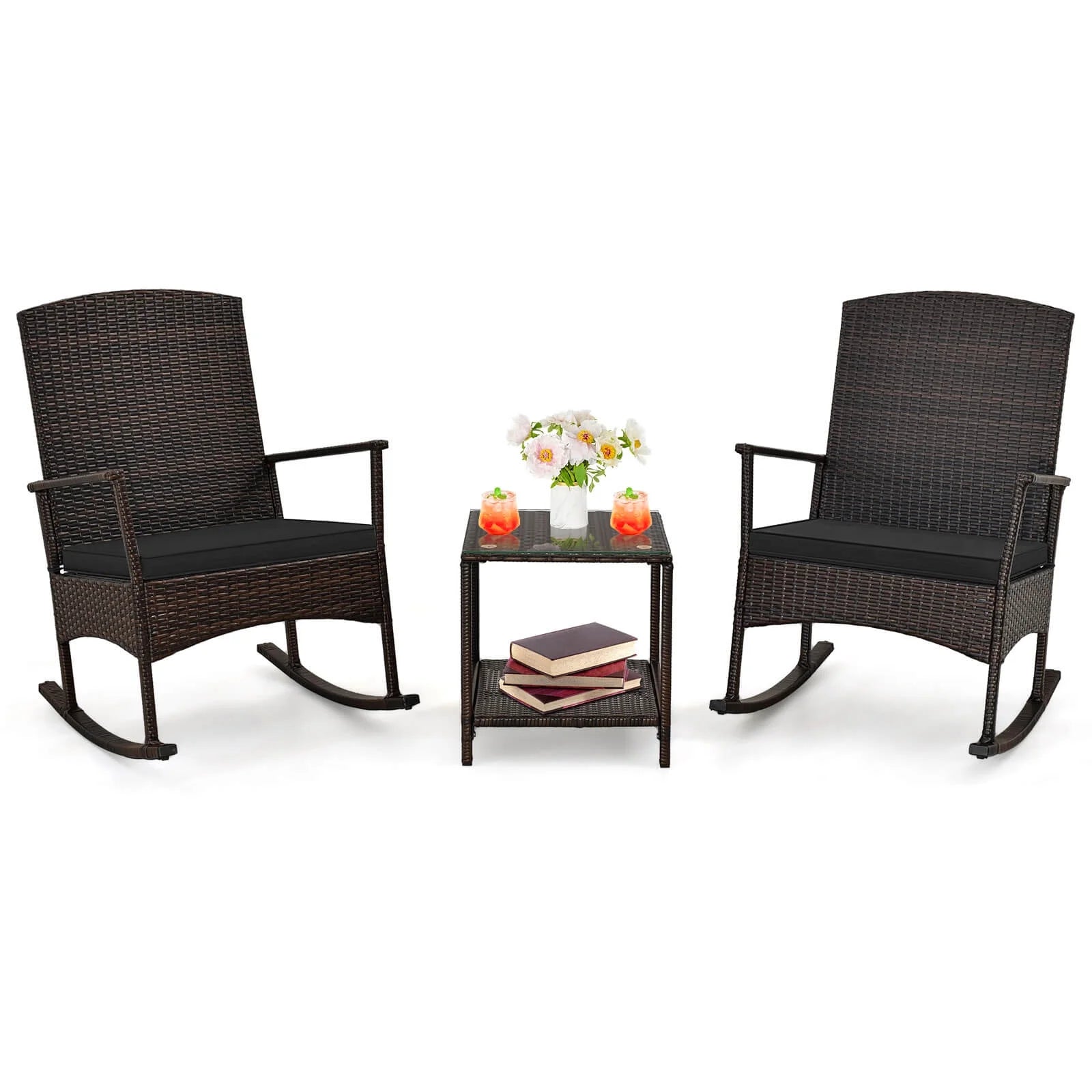 Costway Serenity 3 Piece Patio Rocking Wicker Rockers with White Cushions 2 Tier Coffee Table