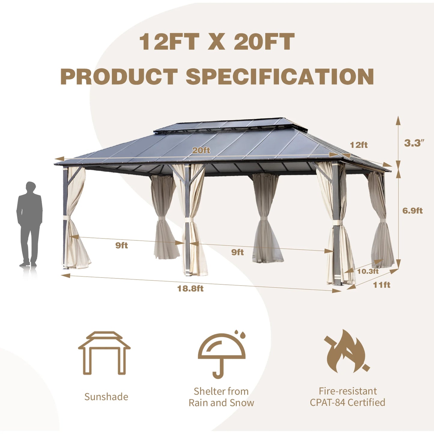 EROMMY 12x20FT Hardtop Gazebo, Permanent Outdoor Aluminum Patio Gazebo with Double Roof, Curtains and Netting Included
