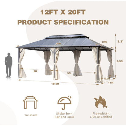 EROMMY 12x20FT Hardtop Gazebo, Permanent Outdoor Aluminum Patio Gazebo with Double Roof, Curtains and Netting Included