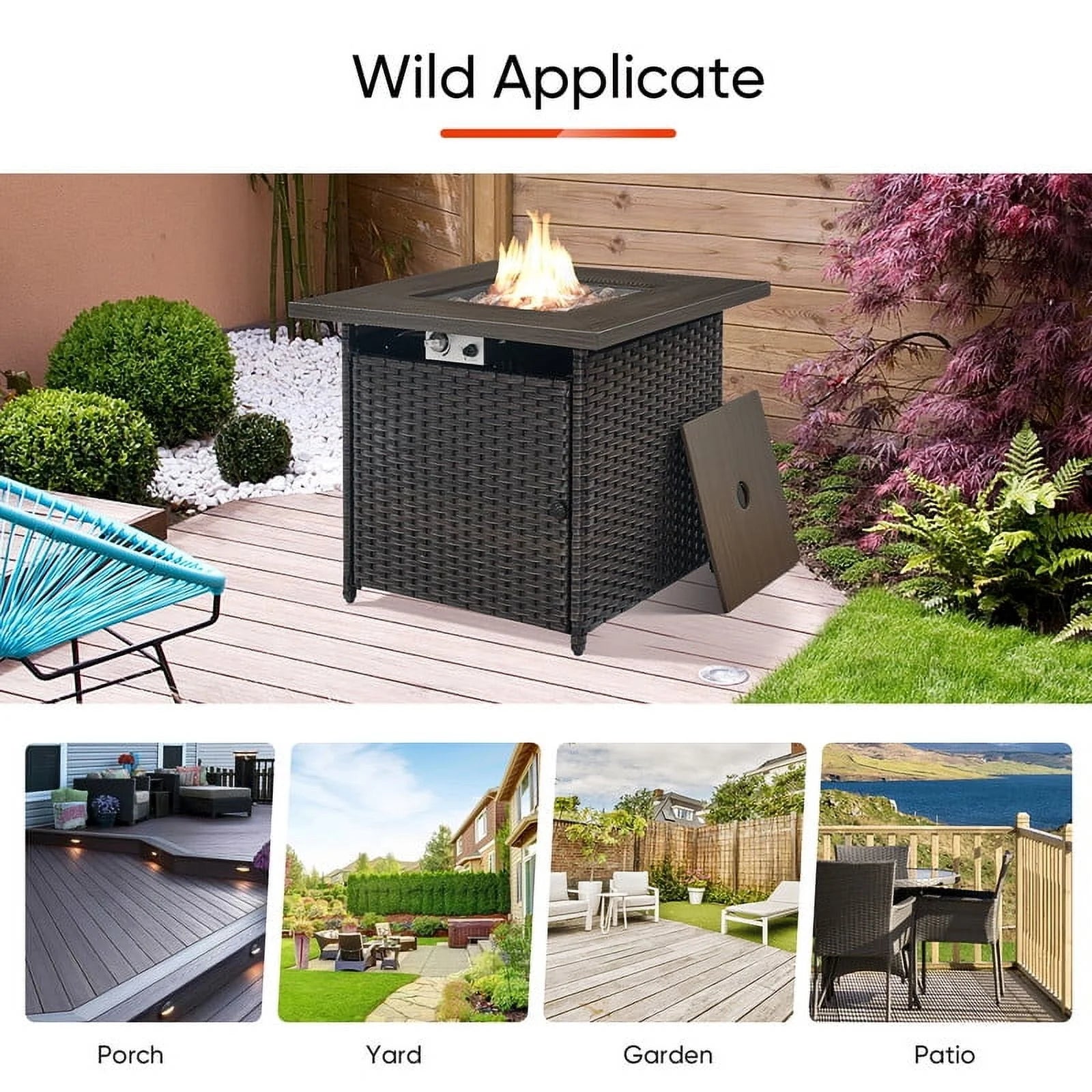 PARKWELL Outdoor Fire Pit 30" Square 50000 BTU Patio Propane Gas Fire Pit Table with Lava Rocks and Lid,Brown Wicker Firepit Faux Wood Tabletop