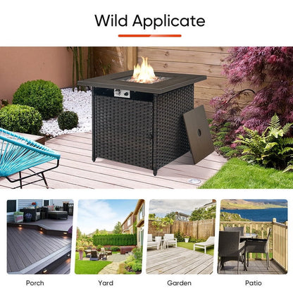 PARKWELL Outdoor Fire Pit 30" Square 50000 BTU Patio Propane Gas Fire Pit Table with Lava Rocks and Lid,Brown Wicker Firepit Faux Wood Tabletop
