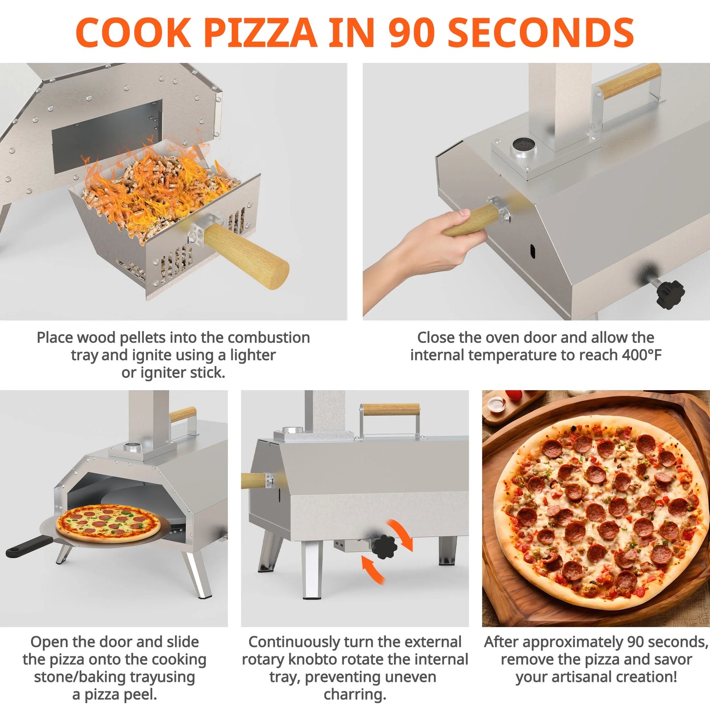 Enyopro 12" Portable Stainless Steel Pizza Oven, Wood Fired Pizza Maker with 360° Rotating Stone, Ash Tray, Thermometer and Foldable Legs, Pizza Cutter for Home, Patio and Camping