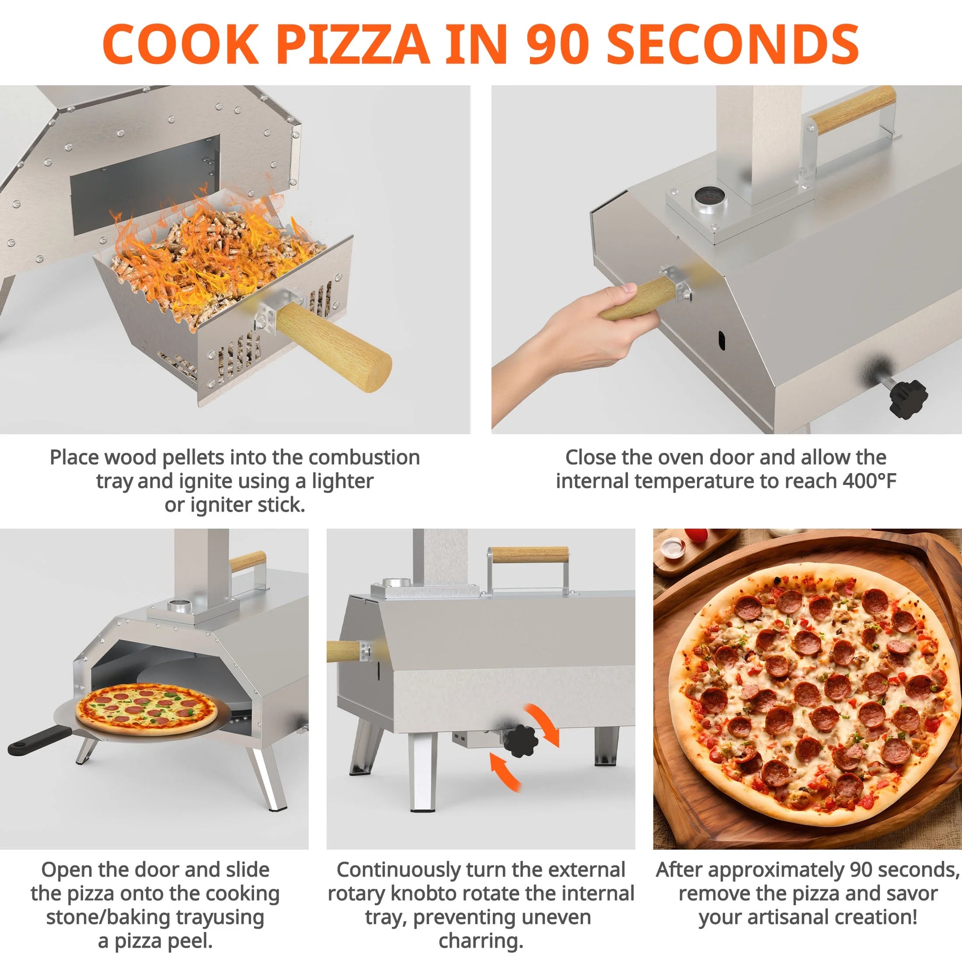 Enyopro 12" Portable Stainless Steel Pizza Oven, Wood Fired Pizza Maker with 360° Rotating Stone, Ash Tray, Thermometer and Foldable Legs, Pizza Cutter for Home, Patio and Camping