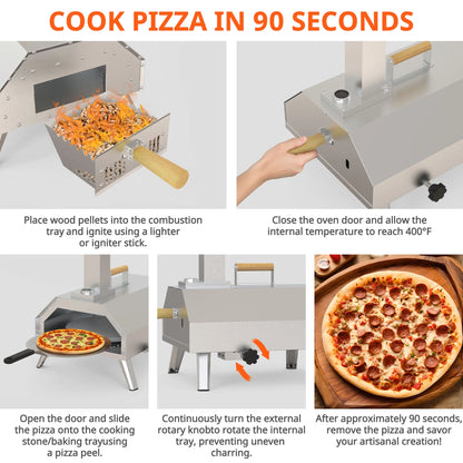 Enyopro 12" Portable Stainless Steel Pizza Oven, Wood Fired Pizza Maker with 360° Rotating Stone, Ash Tray, Thermometer and Foldable Legs, Pizza Cutter for Home, Patio and Camping