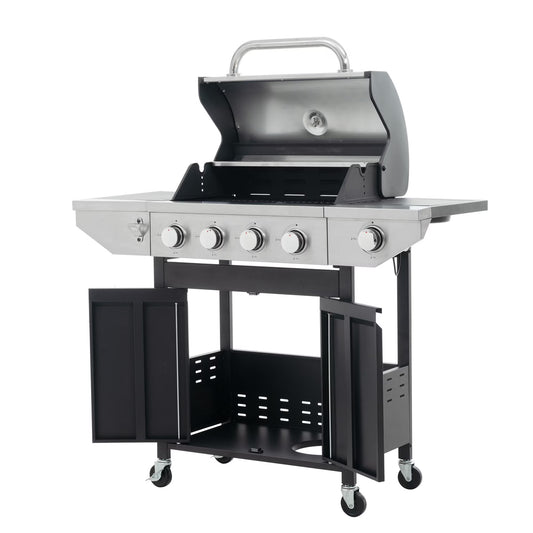 Decksplore 5 Burners Propane Gas Grill with Side Burner, Outdoor BBQ Grill Gas with Porcelain-Enameled Cast Iron Grates, Stainless Steel Camping Barbecue Grill for Patio, Garden, 47000 BTU