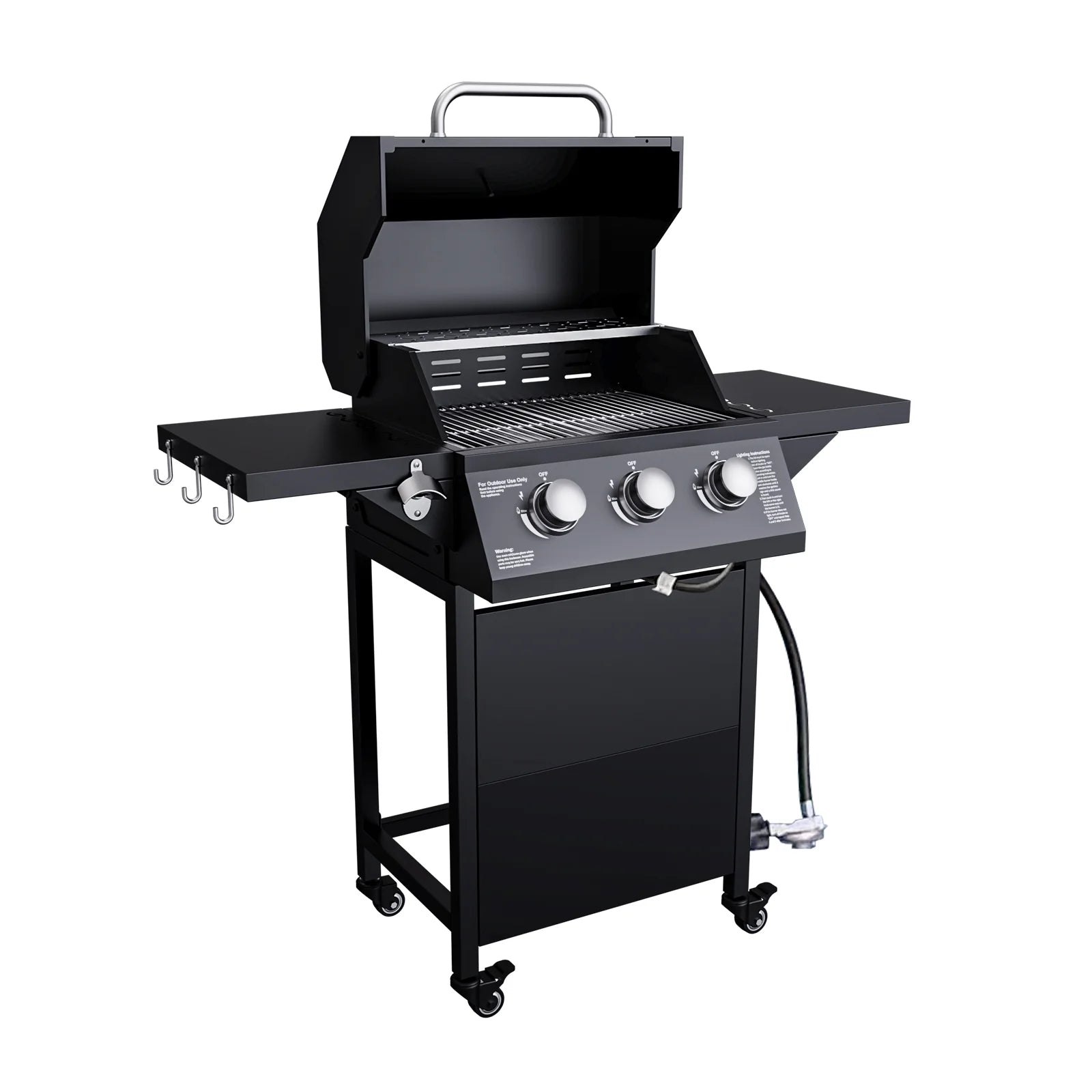 3-Burner Propane Gas Grill with 2 Foldable Side Tables, 30,000 BTU Outdoor BBQ Grill, Built-in Thermometer, Easy Assembly for Patio, Backyard BBQ