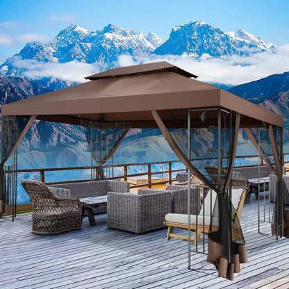 SANOPY Outdoor Gazebo Canopy with 4 Detachable Mosquito Nets, UV and Rainproof Gazebo Patio Easy to Assemble with Double Eaves, Top Drainage Hole Design, Suit for Terrace, Lawn, Garden