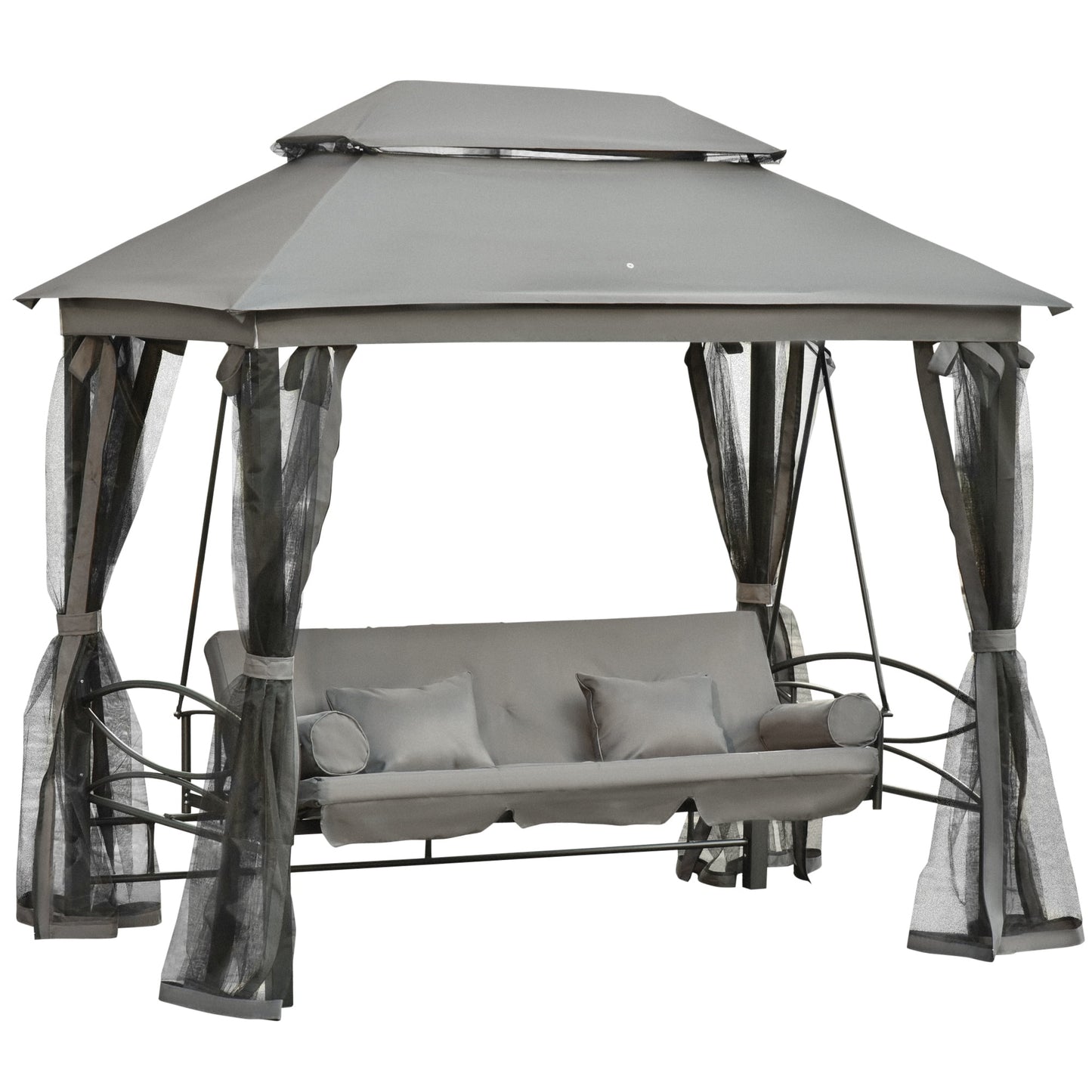 Outsunny 3 Person Patio Swing Chair, Gazebo Swing with Double Tier Canopy, Cushioned Seat, Mesh Sidewalls, gray