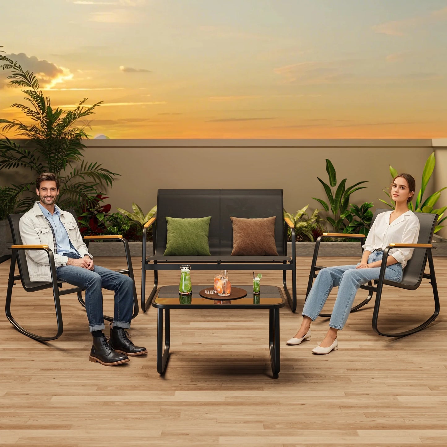 Asofer 4-Piece Patio Furniture Set, Textilene Outdoor Bistro Set with 2 Rocking Chair for Lawn, Garden, Poolside (Black)