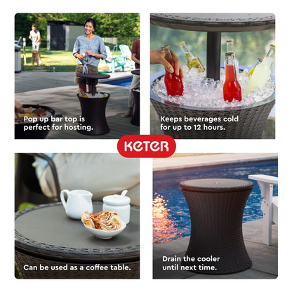 Keter Pacific 7.5 Gallon Cool Bar 2 in 1 Weather Resistant Side Table and Bar Durable Resin Outdoor Patio Beverage Cooler Table, Rattan Look Brown